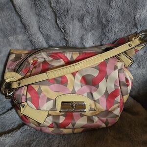 Stylish Geometric Shoulder Bag in Pink, Yellow, and Brown
